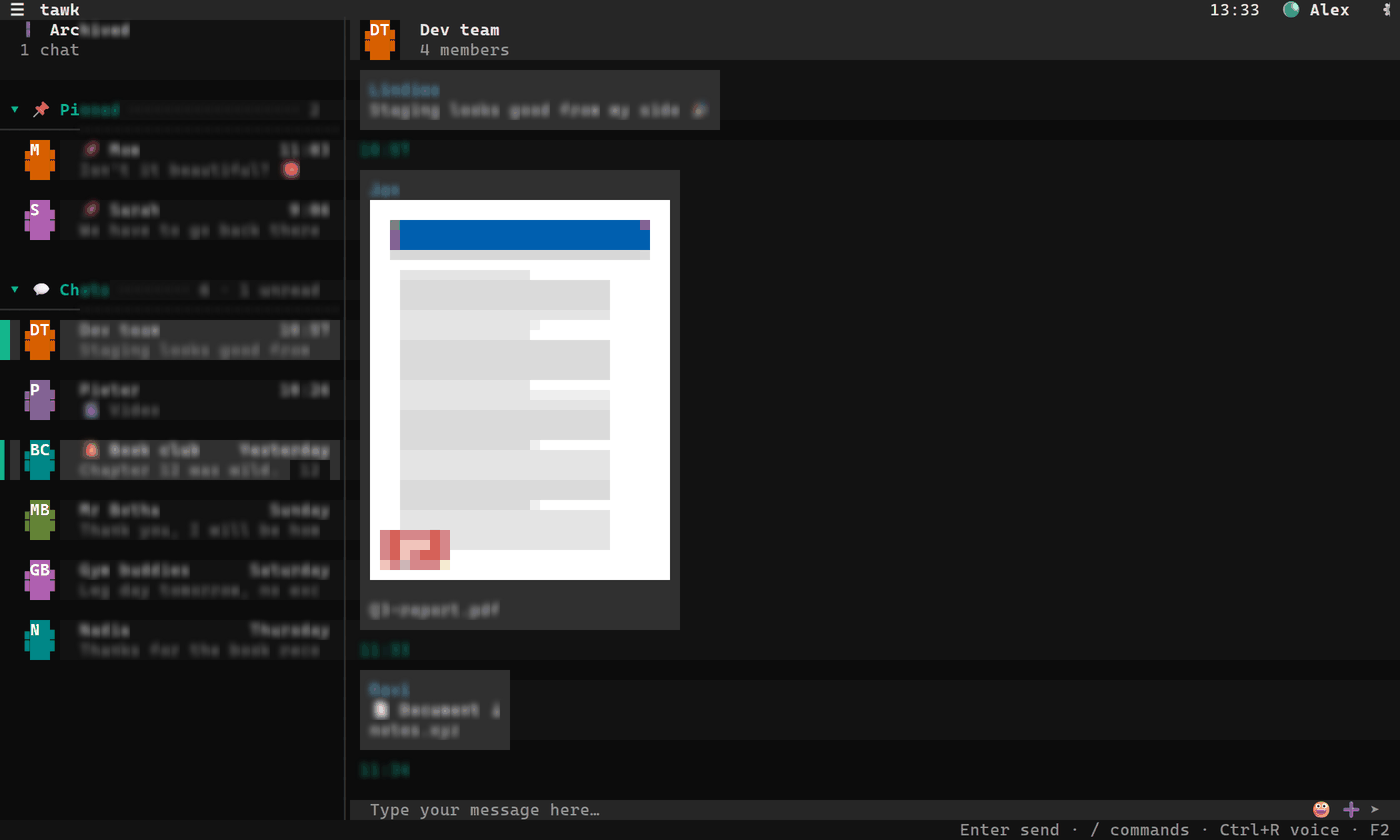 tawk showing a group chat with a photo, reactions and an edited message